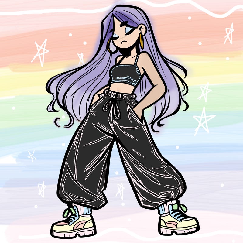 girl in baggy pants crop top and long hair