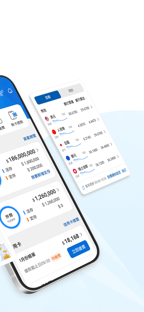 元大行動銀行 Yuanta Commercial Bank - La aplicación móvil de Yuanta Commercial Bank muestra un resumen de los activos de la cuenta y los tipos de cambio de divisas en tiempo real en chino tradicional.
