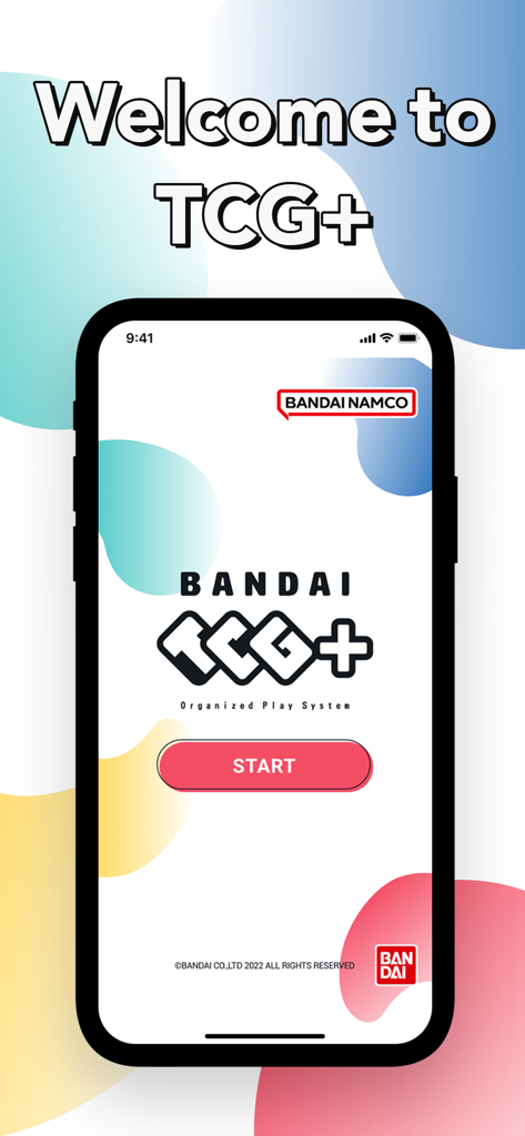 BANDAI TCG ＋ - Welcome screen for the BANDAI TCG Plus app featuring the organized play system logo and a start button