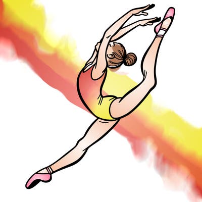 gymnast doing a leap in a leotard with a bent back leg