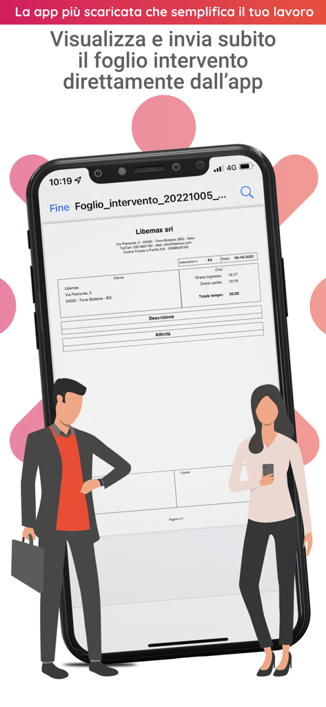 Rilevazione presenze e accessi - Ein Smartphone, das einen digitalen Einsatzbericht aus der Libemax-App für das Field Service Management anzeigt