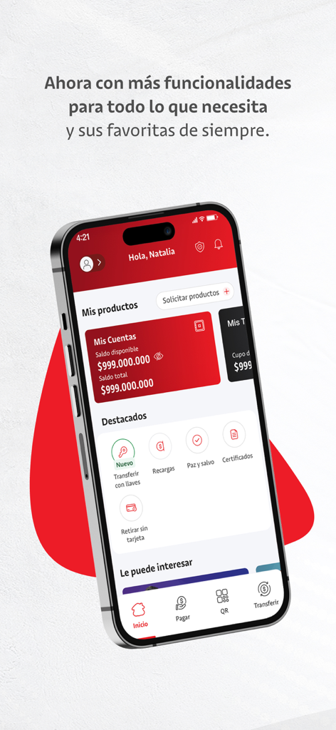 Davivienda - Davivienda Mobile Banking App-Oberfläche mit Kontostand und Finanzdienstleistungen