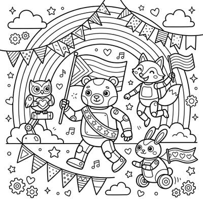 Join a heartwarming parade with our unique animal robot Pride coloring page, specially designed for kids! These charming robot friends, including a bear, fox, owl, and rabbit, are ready to celebrate love and diversity with vibrant colors.