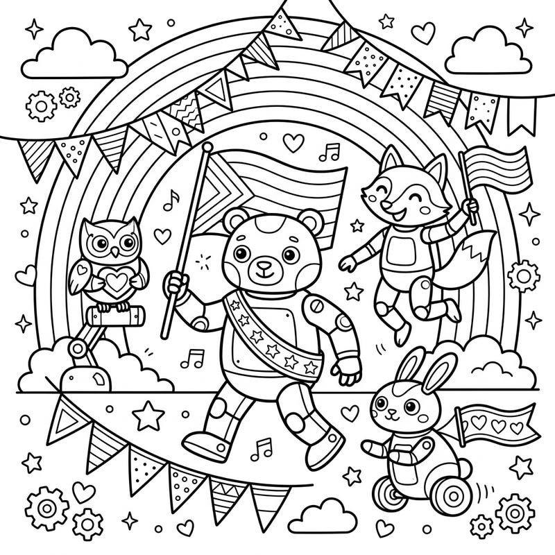 Join a heartwarming parade with our unique animal robot Pride coloring page, specially designed for kids! These charming robot friends, including a bear, fox, owl, and rabbit, are ready to celebrate love and diversity with vibrant colors.