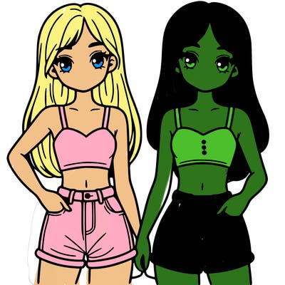 two sisters with crop tops and jean shorts and straight hair