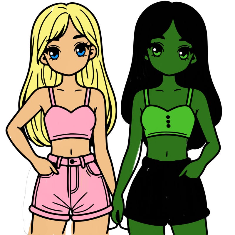 two sisters with crop tops and jean shorts and straight hair