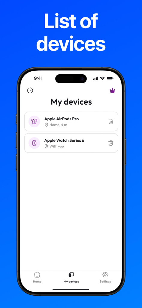 Find my Pods & Device - Interface of the Find my Pods app displaying a list of tracked devices including AirPods Pro and Apple Watch