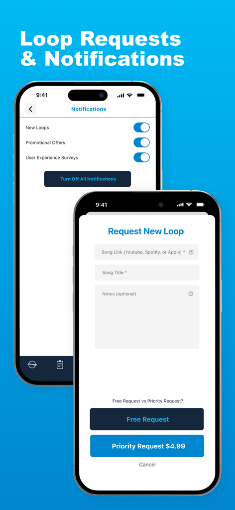 Interfaccia dell'app LiveTrackz che mostra il modulo di richiesta di loop personalizzati e le impostazioni di notifica per i musicisti.