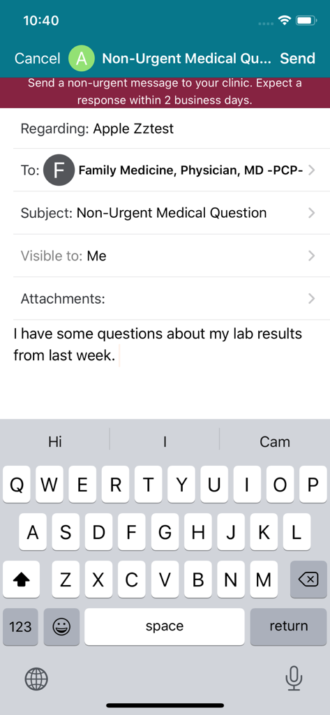 myACPNY - Interface of the myACPNY app showing a patient composing a secure message to their healthcare provider