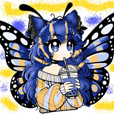 a realistic butterfly/furry girl drinking boba