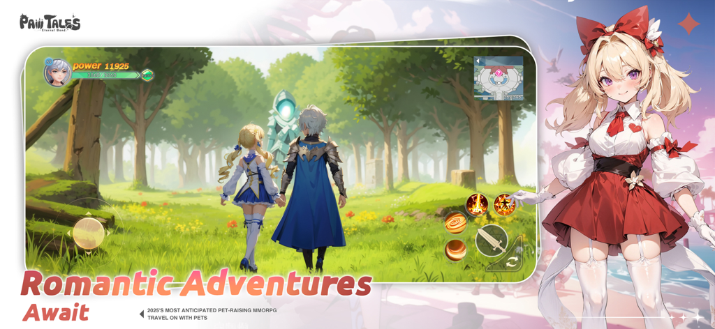 Paw Tales: Eternal Bond - Anime characters holding hands and walking into a fantasy forest in the Paw Tales Eternal Bond game