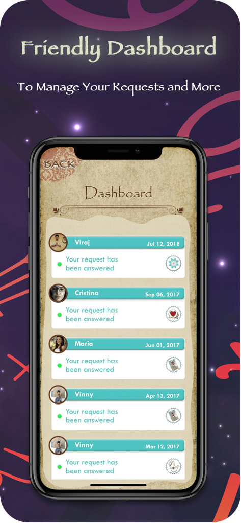 Basirly - Coffee Tarot reading - Basirly app dashboard showing a history of answered psychic and tarot reading requests from various experts