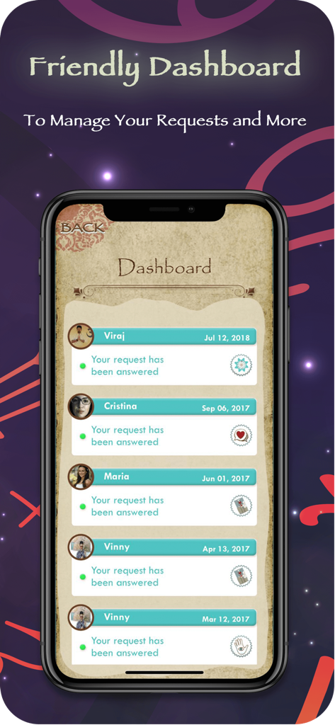 様々な専門家による霊能鑑定やタロット鑑定の回答履歴が表示されたBasirlyアプリのダッシュボード