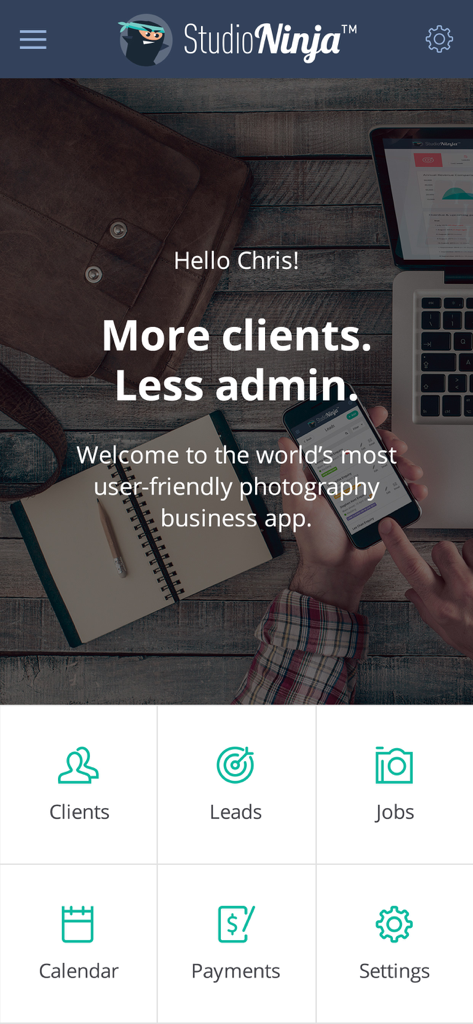 Studio Ninja app home screen showing photography business management tools like clients leads and jobs