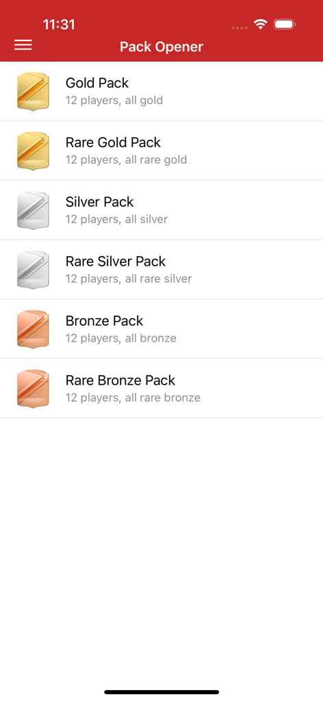 Mobile interface of the FC 25 Pack Opener menu showing gold silver and bronze pack options