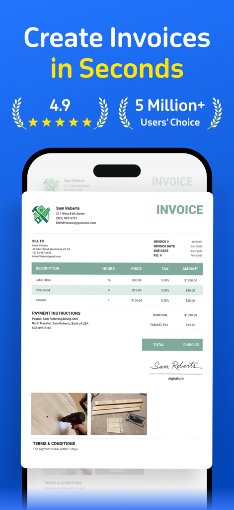 Invoice Maker -Done in Seconds - ビジネスブランディングと作業写真が掲載されたプロフェッショナルな請求書テンプレートが表示されているモバイルアプリ画面
