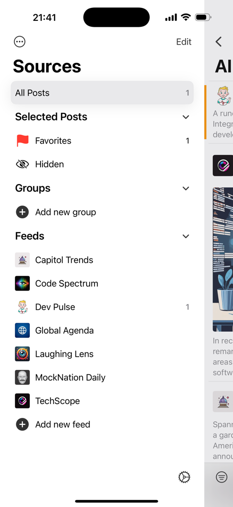 La vista de fuentes de la aplicación RSS Mobile mostrando feeds de noticias y grupos