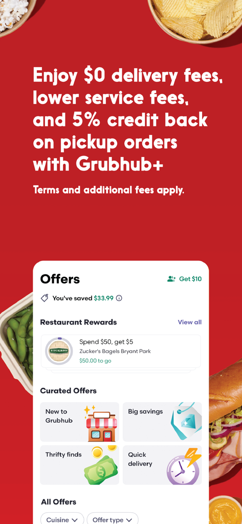 Seamless: Local Food Delivery - Seamless app interface showing Grubhub plus benefits and local restaurant rewards