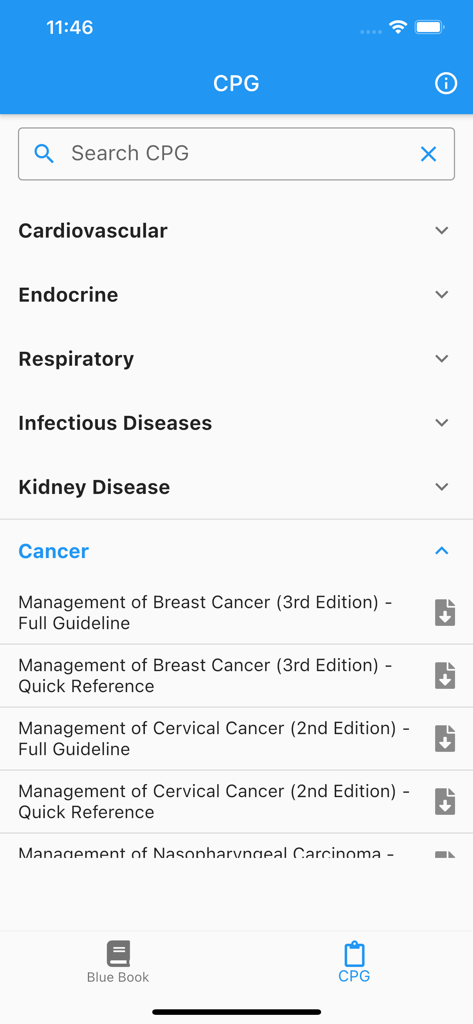 Blue Book+ CPG Malaysia - Screen showing the Clinical Practice Guidelines section of the Blue Book plus CPG Malaysia app with medical categories