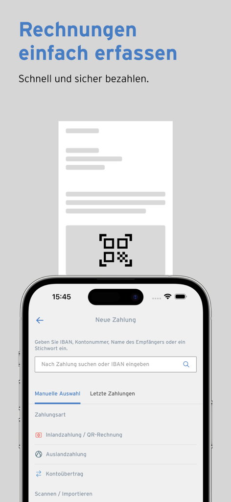 Sparkasse Banking - Uma tela de smartphone do aplicativo Sparkasse Banking exibindo opções para um novo pagamento, incluindo digitalização de fatura QR doméstica.