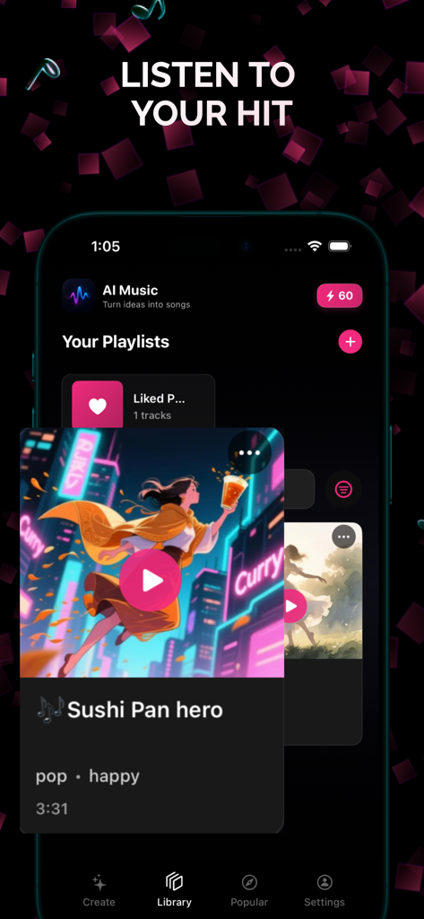 Ai Music : Ai Song Generator - AI Musicアプリのライブラリ画面。アニメアートワーク付きの「Sushi Pan hero」というタイトルの生成されたポップソングが表示されています。