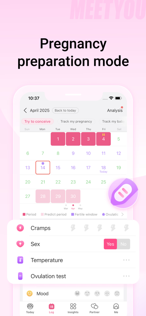 Interfaz de la aplicación MeetYou en modo de preparación para el embarazo que muestra un calendario de ovulación y registros de síntomas como calambres y temperatura