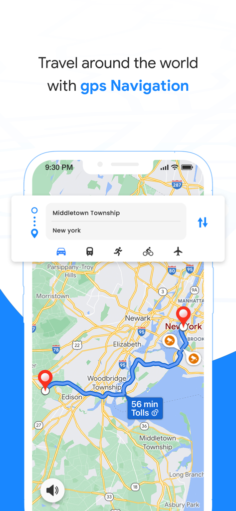 La aplicación GPS Map Navigation mostrando una ruta de conducción de Middletown Township a Nueva York con tráfico en tiempo real y alertas de cámaras de velocidad.