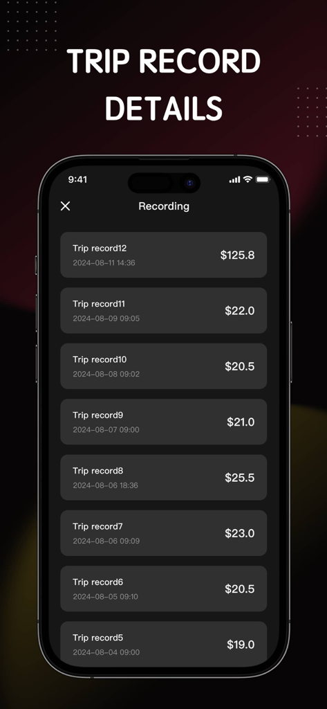 Taxi Meter & GPS Speedometer - A mobile app screen showing a list of saved taxi trip records with dates and fare amounts