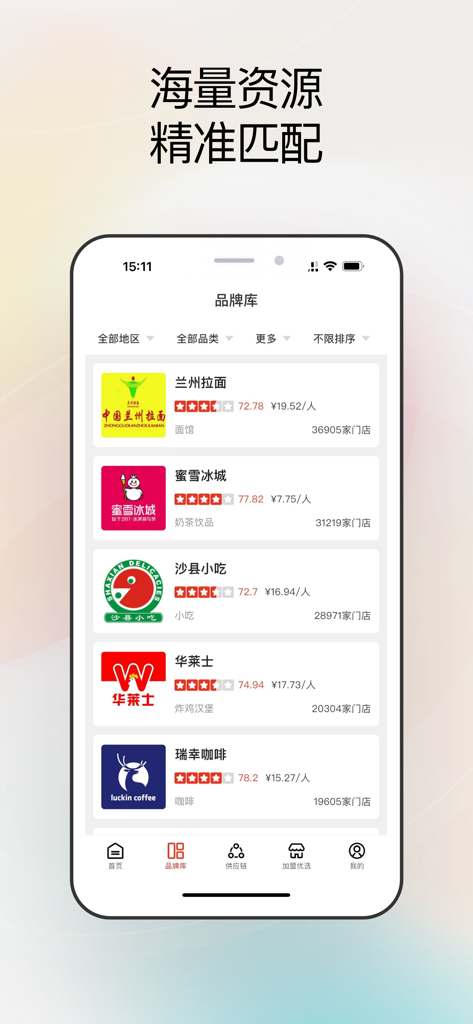 Schermata dell'app mobile che mostra un database di marchi di ristorazione cinesi come Luckin Coffee e Mixue per la valutazione del franchising