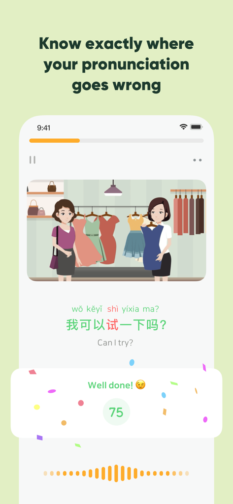 SuperChinese - Learn Chinese - SuperChinese app interface showing AI feedback on Chinese pronunciation with a shopping scene animation