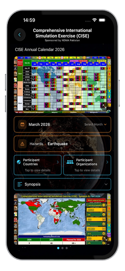 Global Disasters Early Warning - Interface showing the annual disaster simulation exercise calendar and global synopsis map.