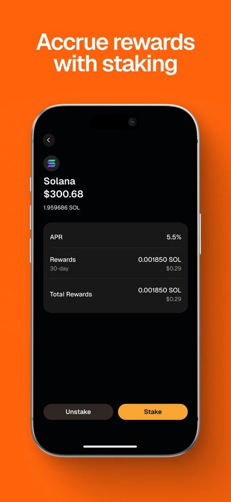 Interfaz de la aplicación móvil Gemini mostrando las recompensas de staking de Solana y el porcentaje anual.