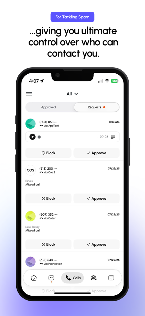 Smartphone screen showing the Cloaked app interface for managing and blocking spam calls through different privacy aliases.
