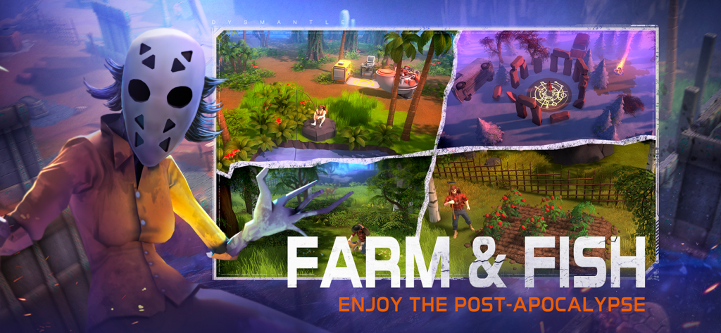 Capture d'écran du jeu DYSMANTLE présentant des activités de culture et de pêche dans un monde ouvert post-apocalyptique.