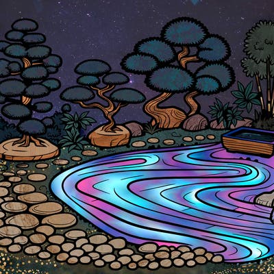 a serene zen garden with raked gravel, bonsai trees, and tranquil ponds