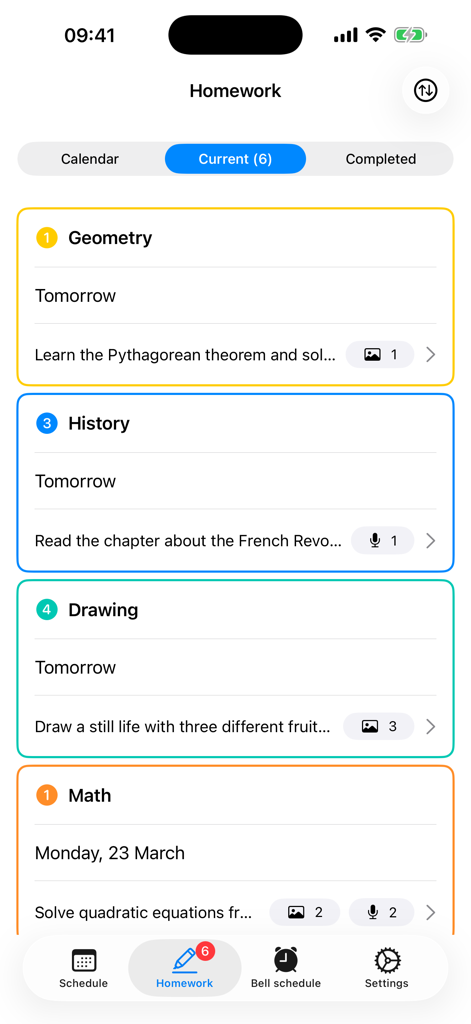 Homework management screen in the School Planner app showing a list of assignments with photo and audio attachments