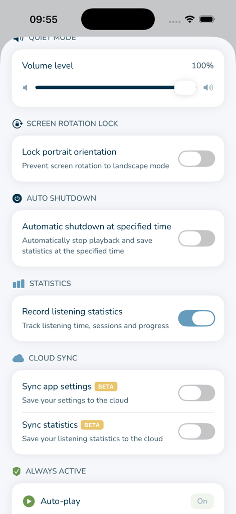Voxi Book Player - Voxi Book Player app settings screen showing volume level control rotation lock and auto shutdown options
