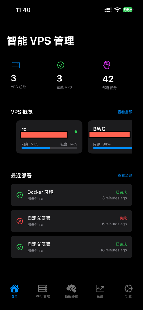 Dashboard of the Smart VPS Manager app displaying server status resource usage and recent deployment tasks
