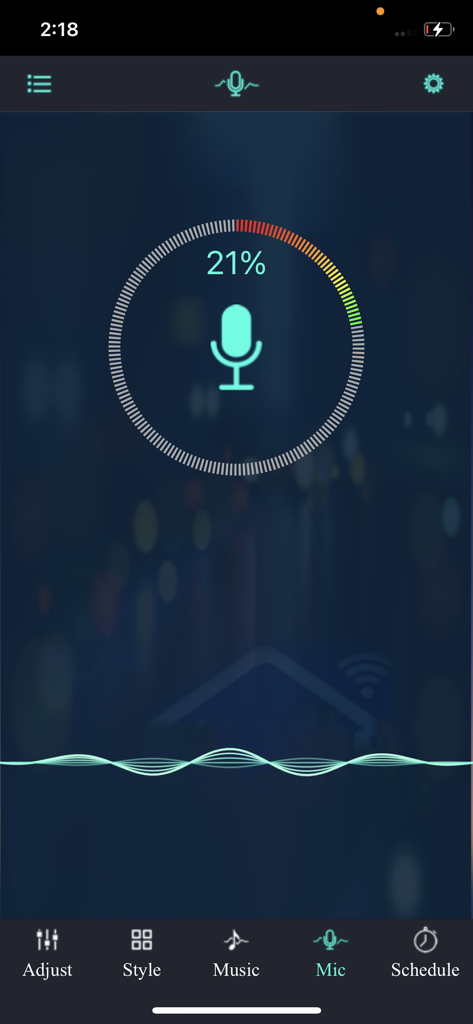 Magic Lantern app microphone mode interface for syncing lights to sound