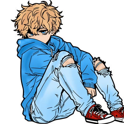 a male hoddie ripped jeans messy hair anime