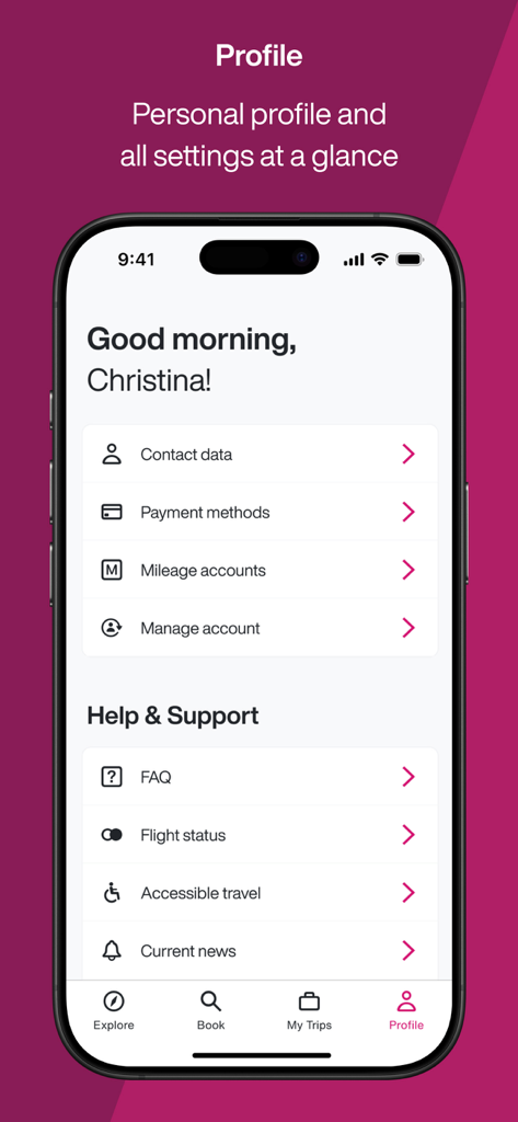 Eurowings - Eurowings app profile screen displaying user account options and help and support sections on an iPhone.