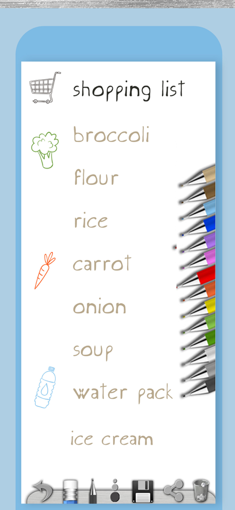 Notepad – organize ideas app - Handwritten shopping list on a digital notepad with colorful pens