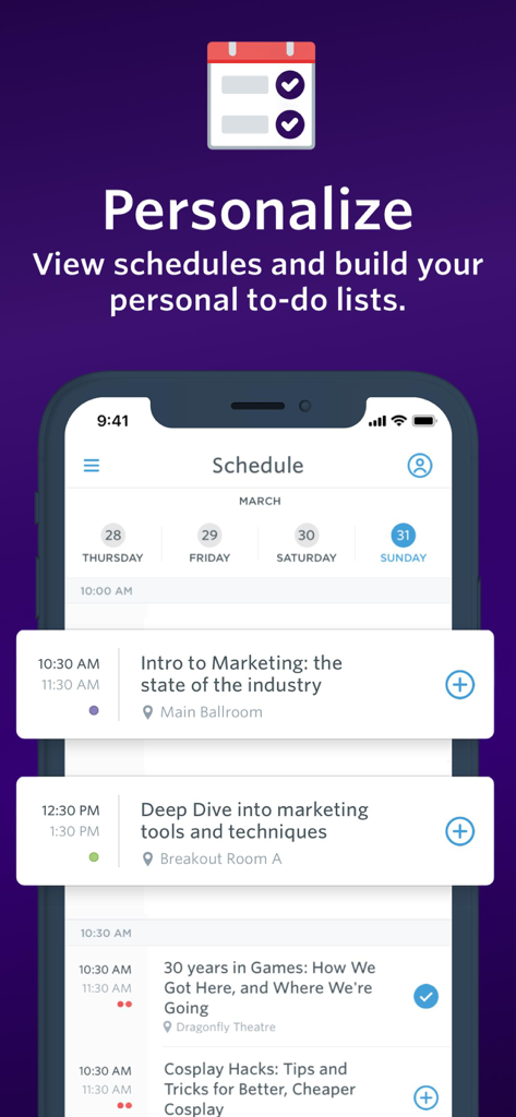 Interface of the Guidebook app showing a personalized event schedule with to-do list options and marketing workshop listings.