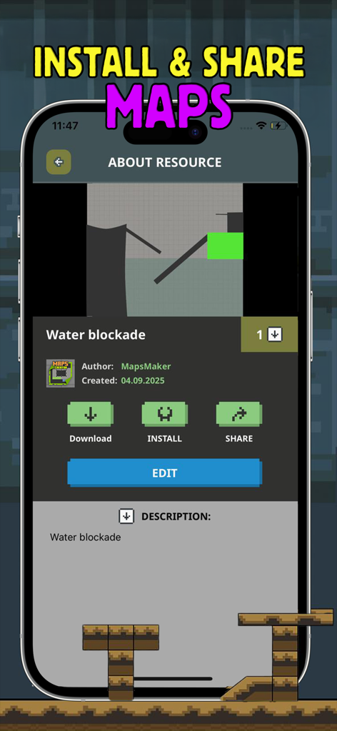 Mods for People Playground PG - Interface utilisateur montrant des options pour télécharger et installer une carte personnalisée appelée Water blockade