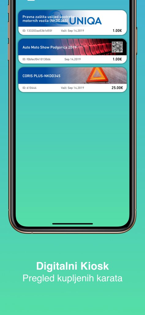 Digitalni Kiosk app interface showing a list of purchased tickets and insurance services.