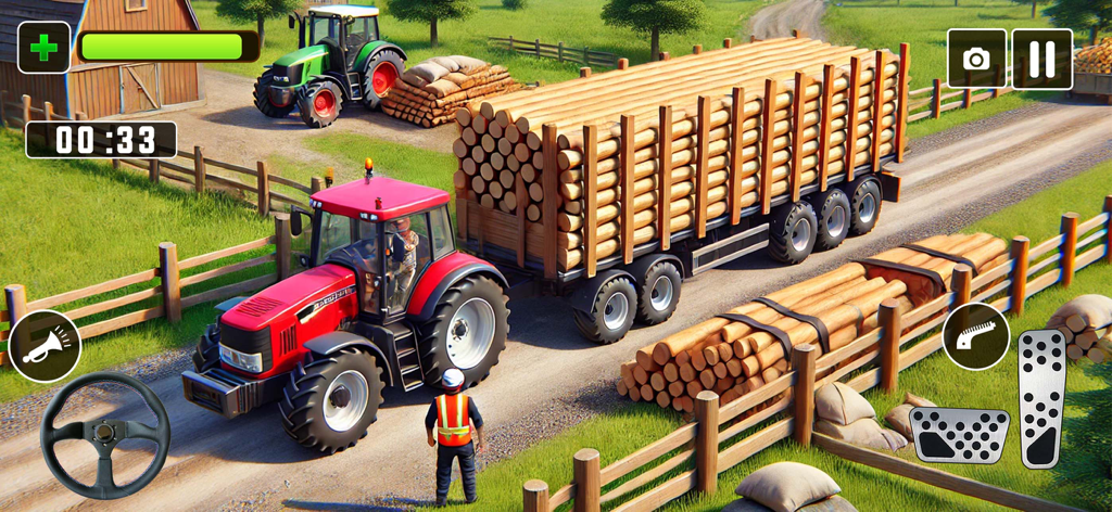 Tractor Games Trailer Pull 3D - Um trator vermelho puxando um reboque carregado com toras em uma estrada de fazenda em um jogo de simulação 3D