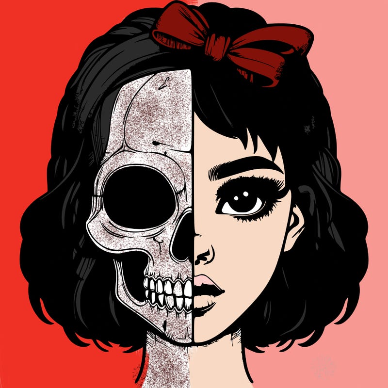 realistic girl with half skull mask