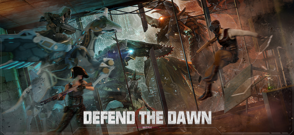Action scene from Last Island of Survival with players using weapons to fight futuristic monsters and the text Defend the Dawn.