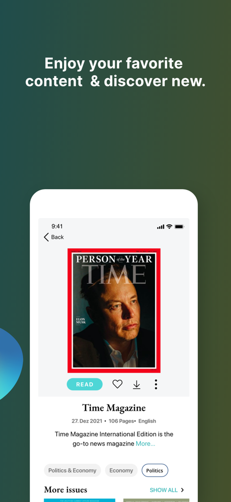 YUMPU Magazines and Newspapers - YUMPU Magazines app interface showing a digital edition of Time Magazine with read and download options