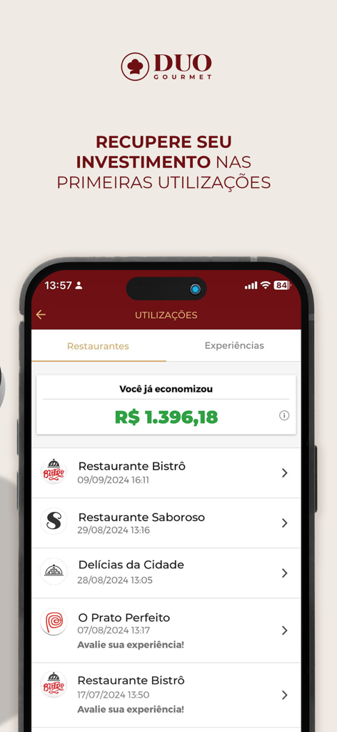 Duo Gourmet app interface displaying total money saved and a history of restaurant visits.